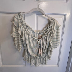 Women's Chaser crop Top Size S ruffle White w/ green Stripe